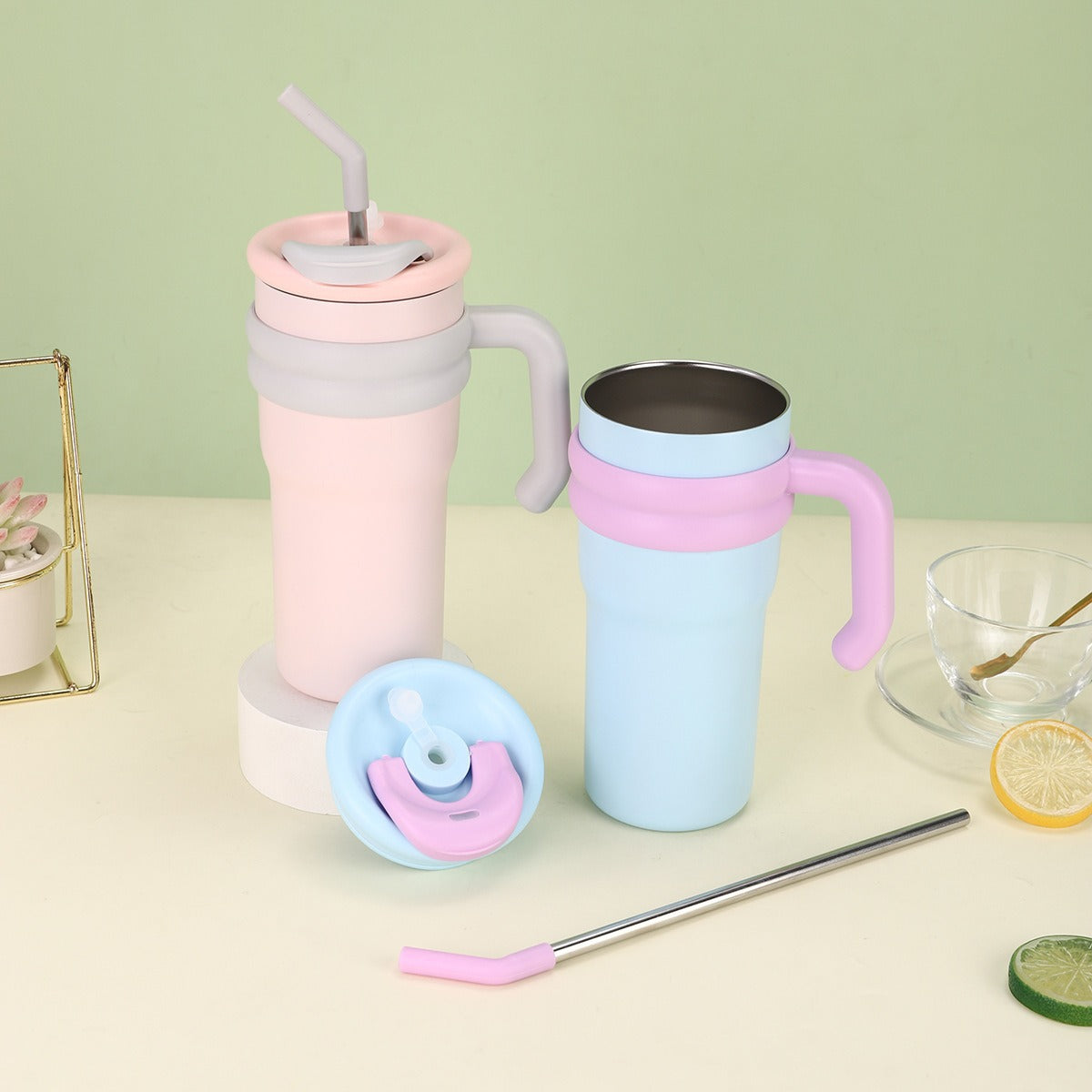 304 Stainless Steel Handle Color-Block Large Capacity Portable Insulated Straw Cup