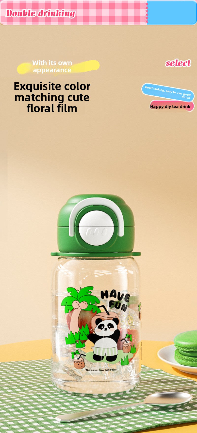Cartoon Strap Plastic Cup Children's Panda Straw Cup Student Portable