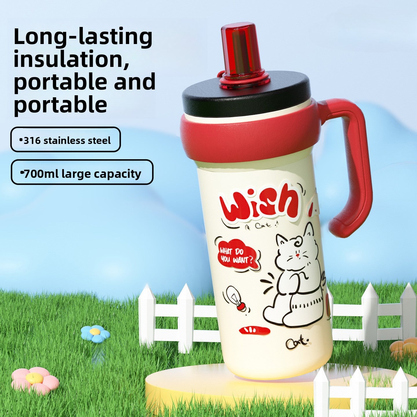 316L Stainless Steel Insulated Cup Cartoon Handle Straw Cup