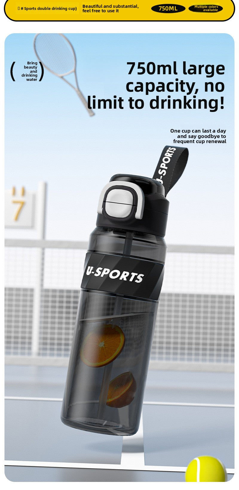 Straw Plastic Water Cup Double Drinking Outdoor Large Capacity Fitness Sports Water Bottle