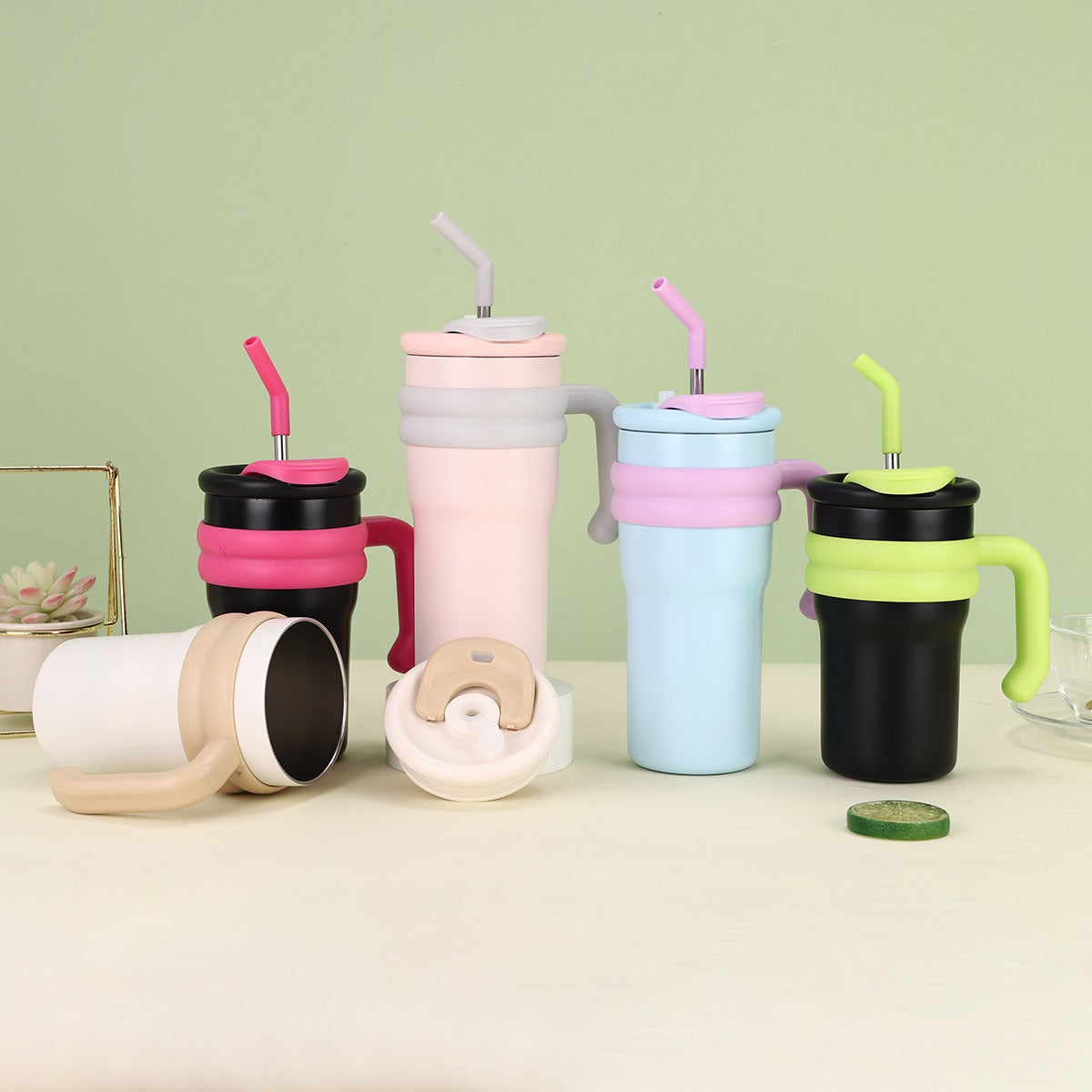 304 Stainless Steel Handle Color-Block Large Capacity Portable Insulated Straw Cup