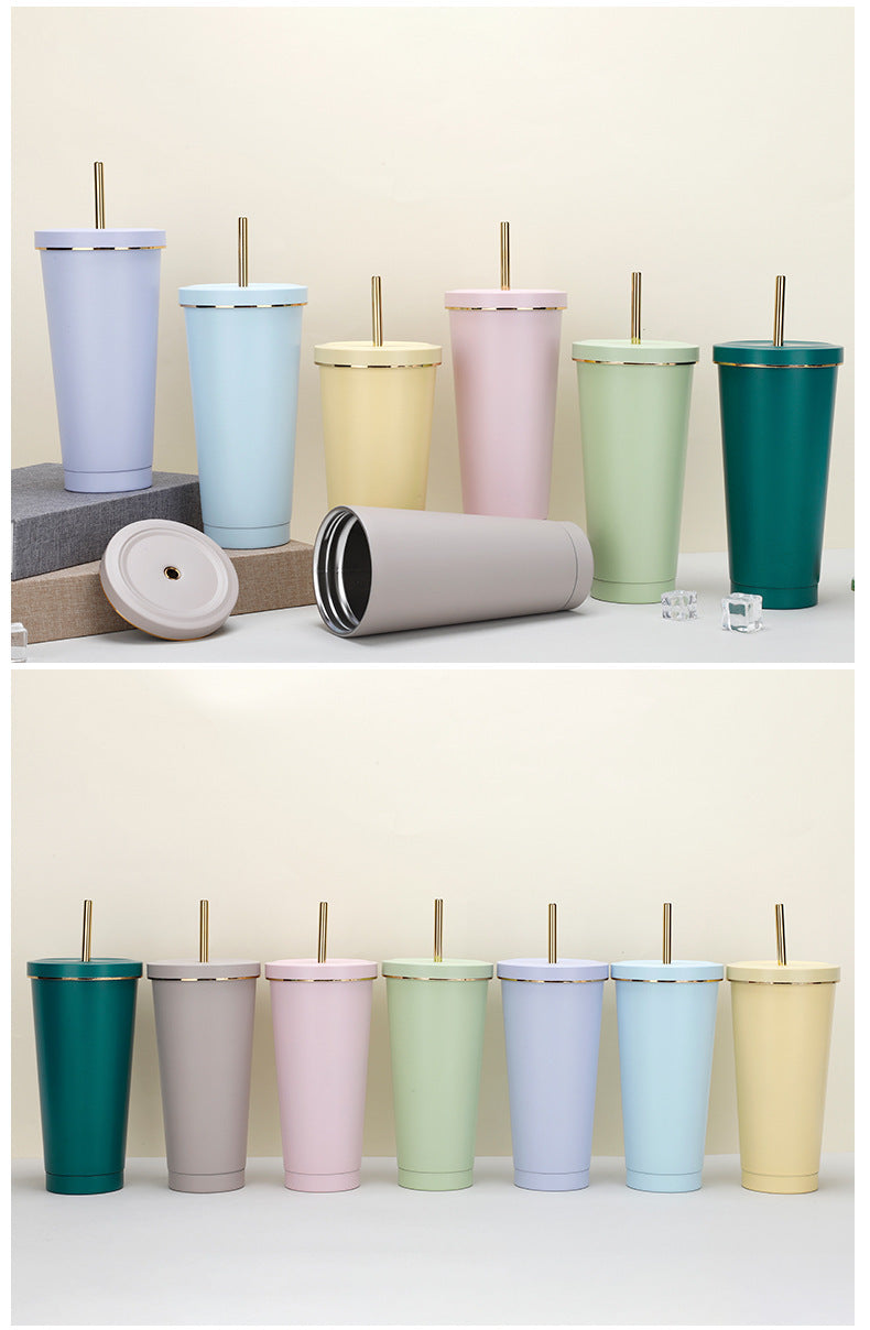304 stainless steel gold-rimmed lid straw cup large capacity portable cup fashion gift coffee cup