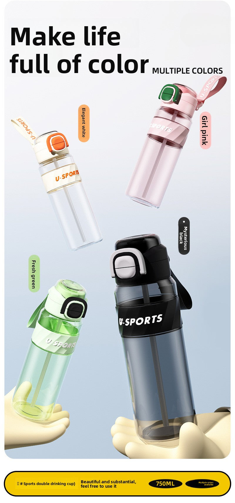 Straw Plastic Water Cup Double Drinking Outdoor Large Capacity Fitness Sports Water Bottle