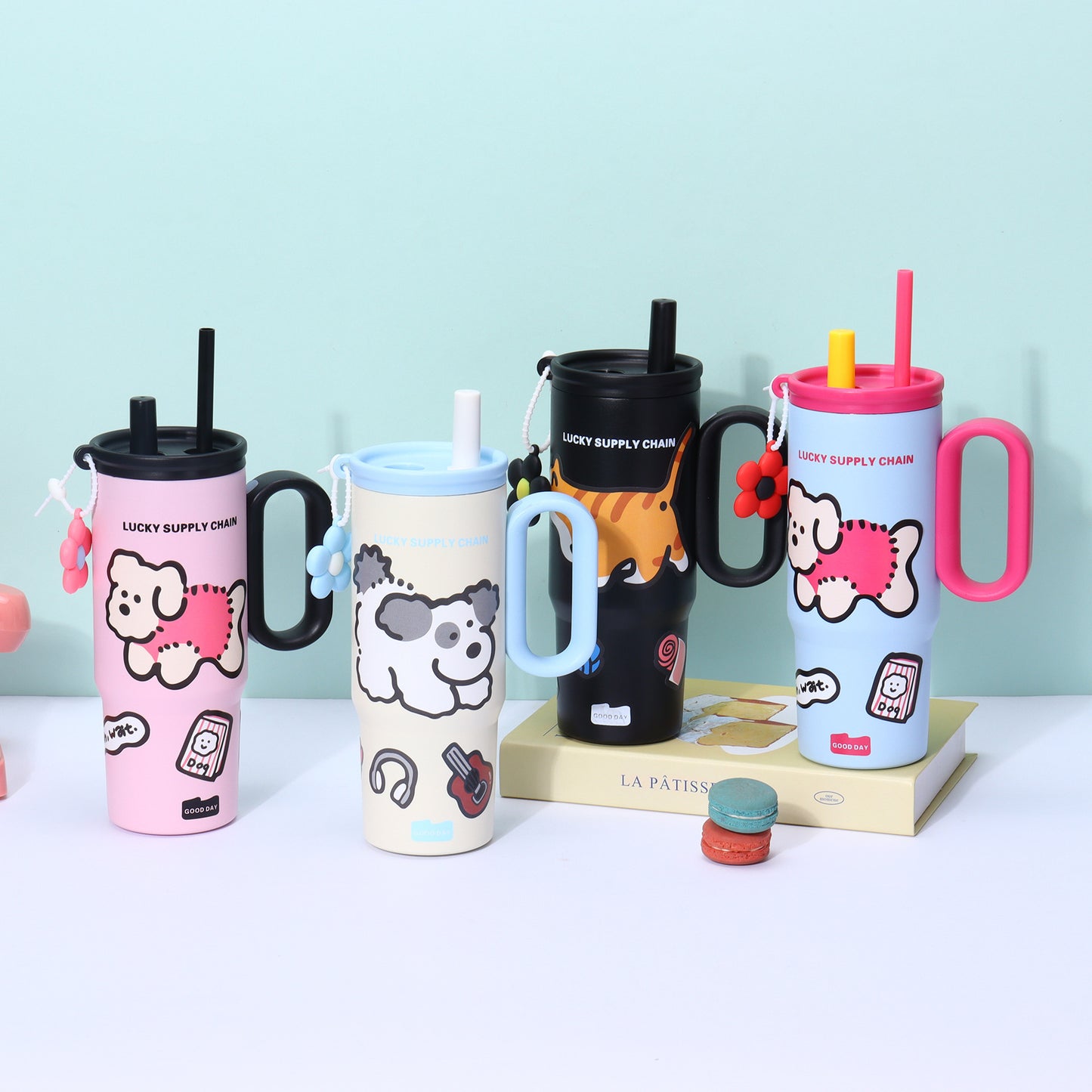 Puppy Pattern 316 Stainless Steel Large Capacity Insulated Cup with Handle and Straw