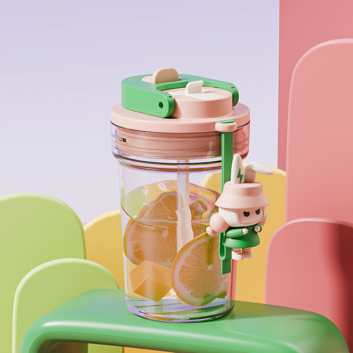 Plastic Coffee Cup Cartoon Doll Cup One-click Opening Portable Rope