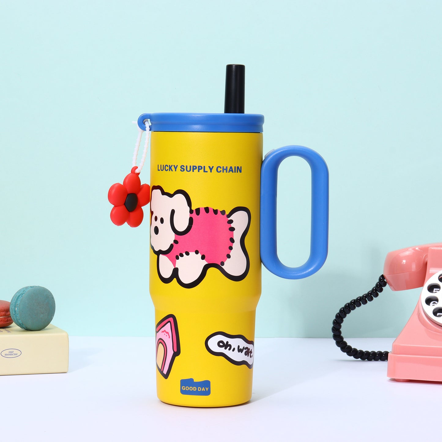 Puppy Pattern 316 Stainless Steel Large Capacity Insulated Cup with Handle and Straw