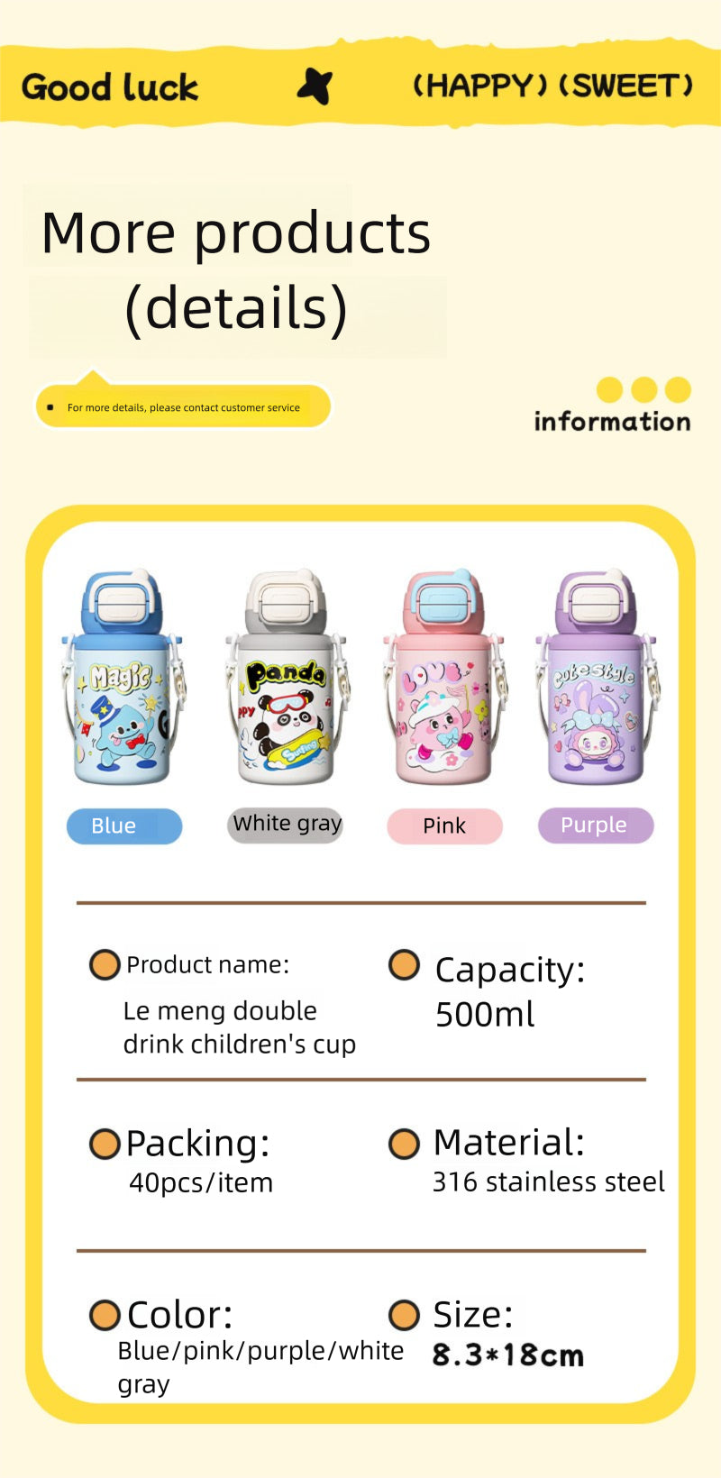Cartoon Children's Double Drinking 316 Stainless Steel Insulated Cup Student Straw Cup Portable Strap