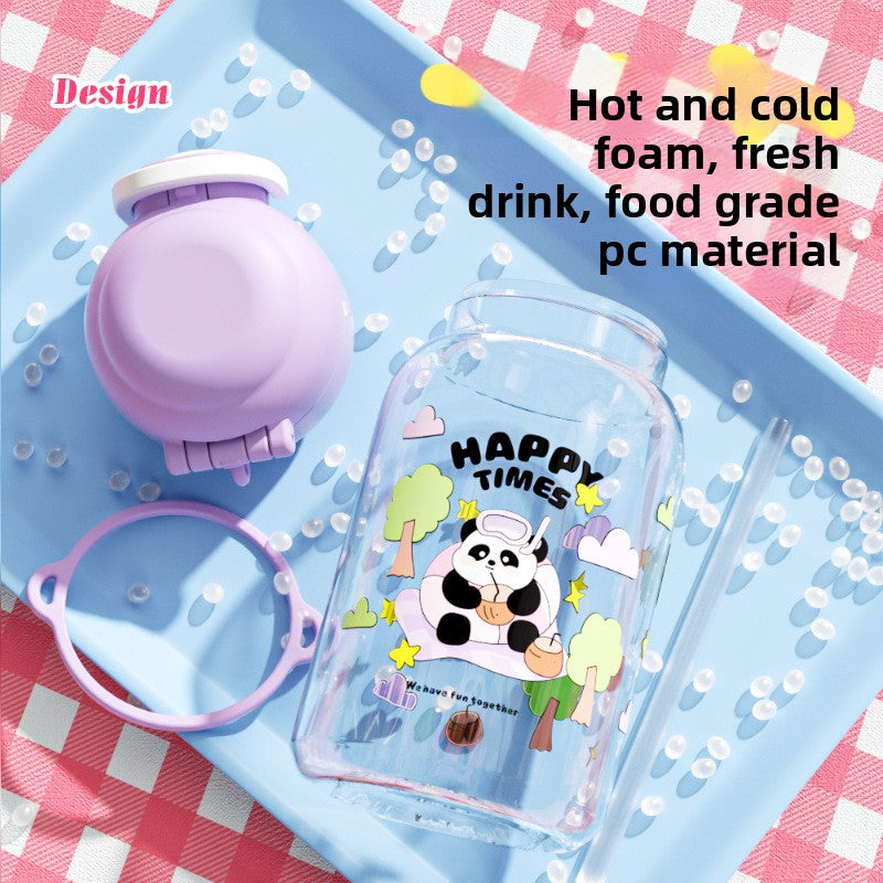 Cartoon Strap Plastic Cup Children's Panda Straw Cup Student Portable