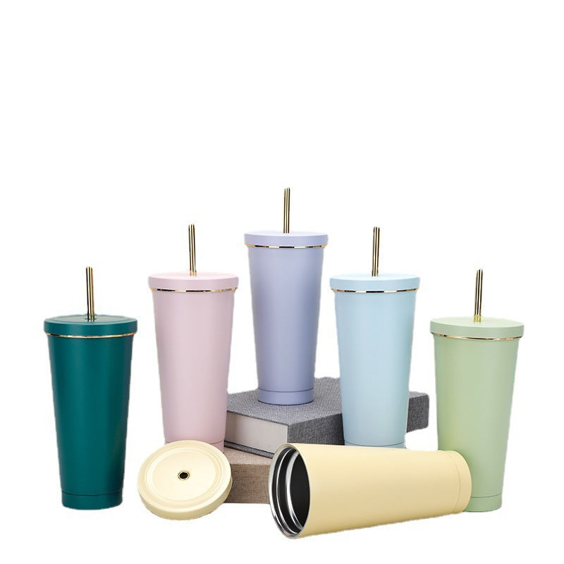 304 stainless steel gold-rimmed lid straw cup large capacity portable cup fashion gift coffee cup