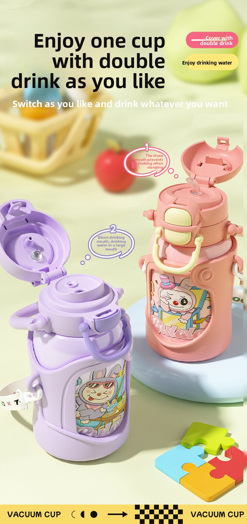 316 Stainless Steel Insulated Cup Children's Fun Straw Cup Children's Water Bottle with Cup Sleeve