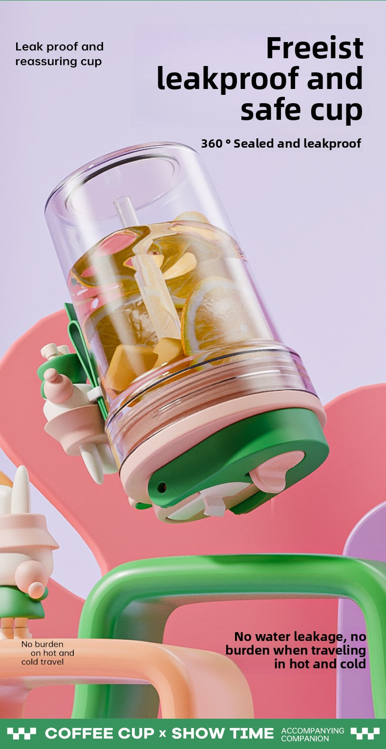 Plastic Coffee Cup Cartoon Doll Cup One-click Opening Portable Rope