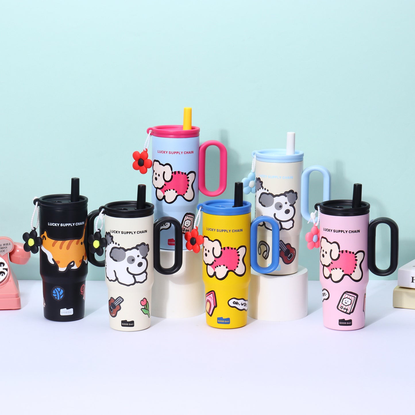 Puppy Pattern 316 Stainless Steel Large Capacity Insulated Cup with Handle and Straw