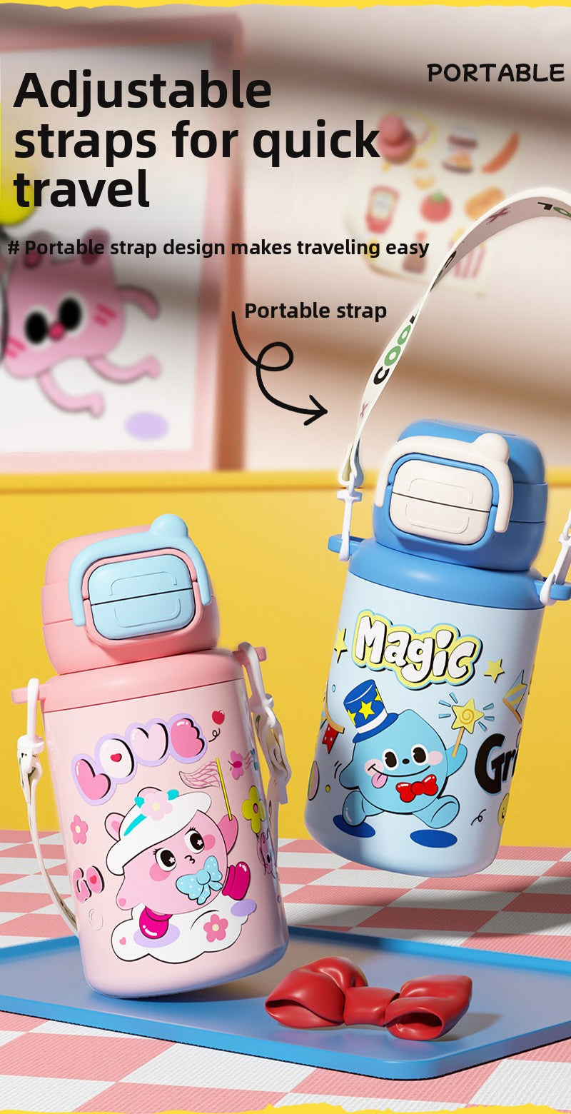 Cartoon Children's Double Drinking 316 Stainless Steel Insulated Cup Student Straw Cup Portable Strap