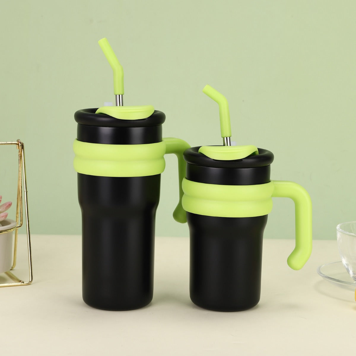 304 Stainless Steel Handle Color-Block Large Capacity Portable Insulated Straw Cup