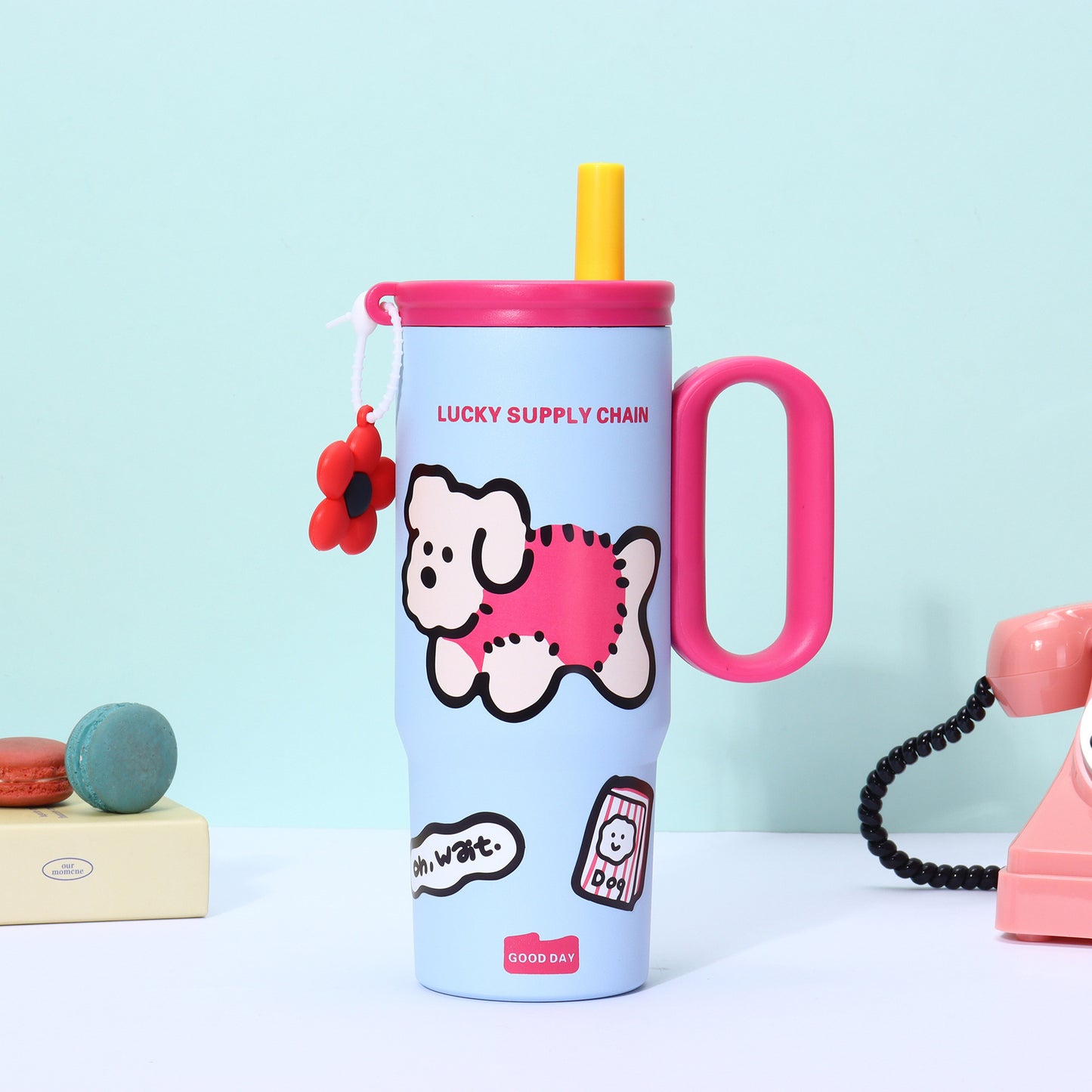 Puppy Pattern 316 Stainless Steel Large Capacity Insulated Cup with Handle and Straw