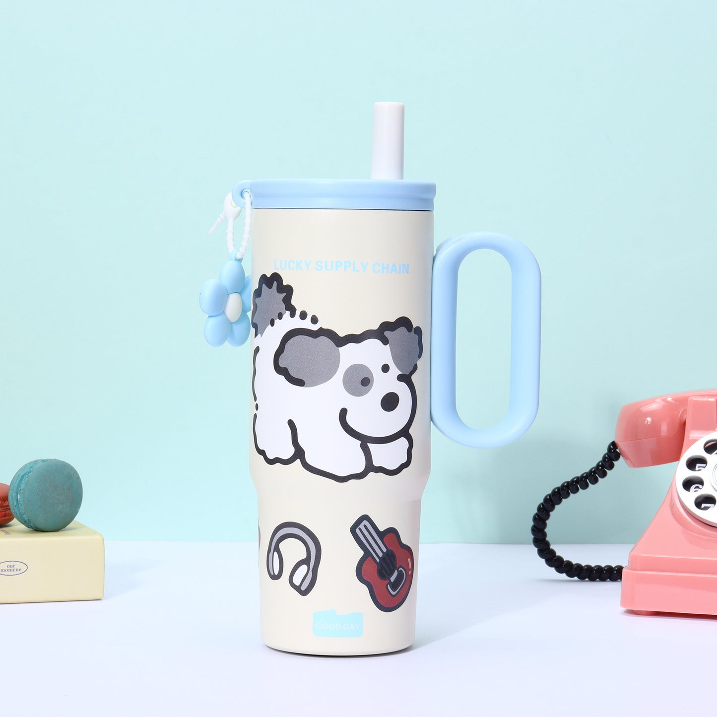 Puppy Pattern 316 Stainless Steel Large Capacity Insulated Cup with Handle and Straw