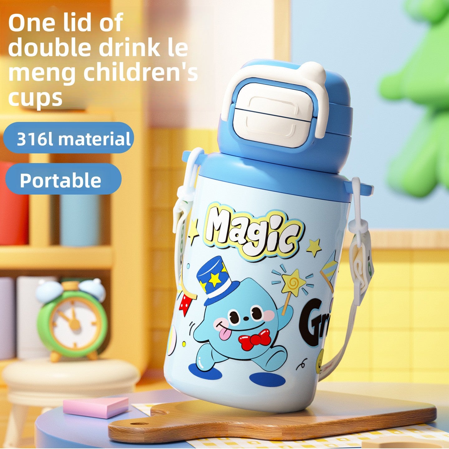 Cartoon Children's Double Drinking 316 Stainless Steel Insulated Cup Student Straw Cup Portable Strap