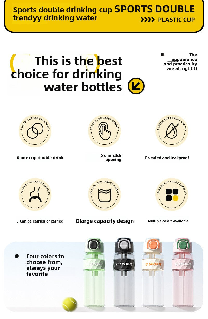 Straw Plastic Water Cup Double Drinking Outdoor Large Capacity Fitness Sports Water Bottle