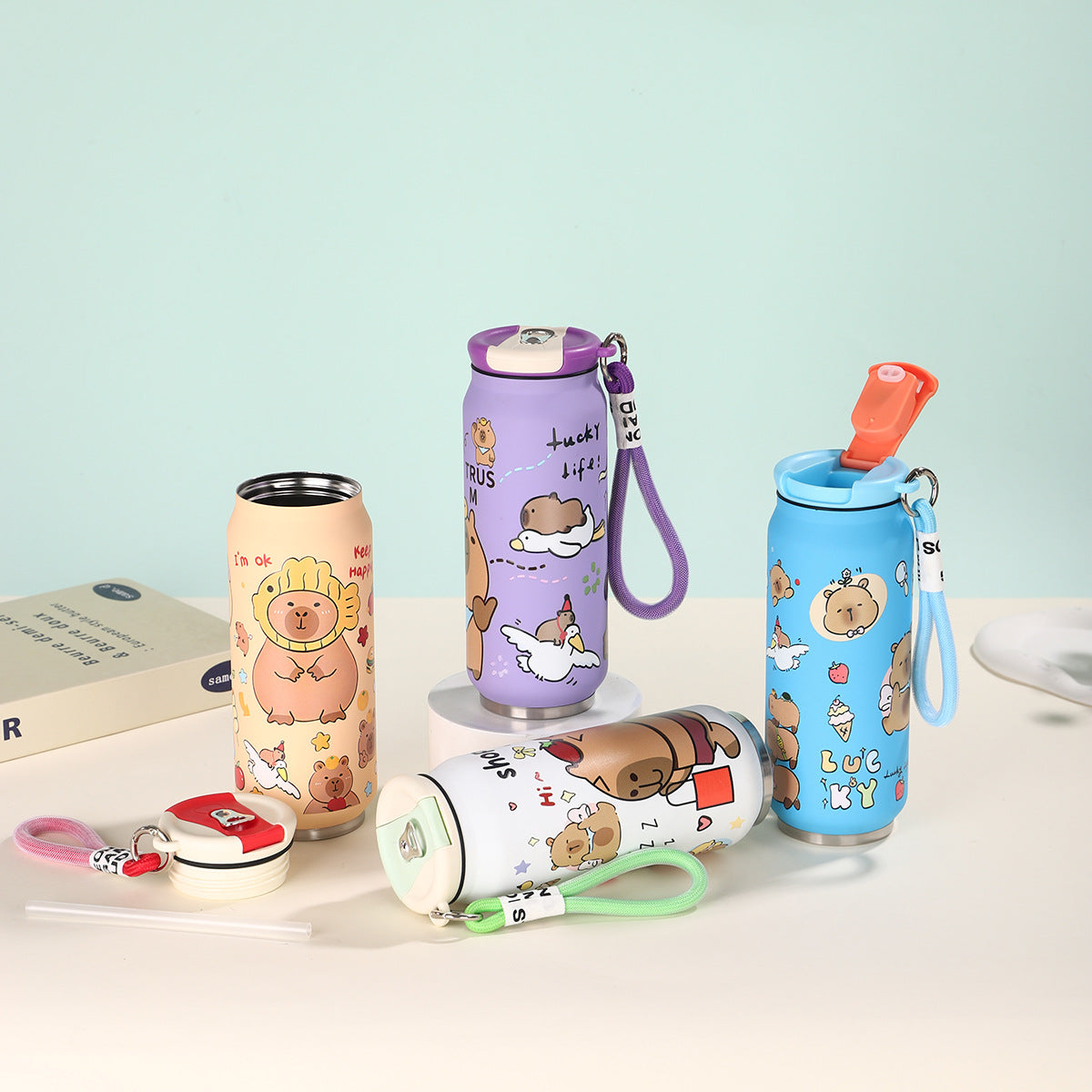 Creative Cartoon Cute Easy-to-Pull Can 304 Stainless Steel Insulated Cup with Strap