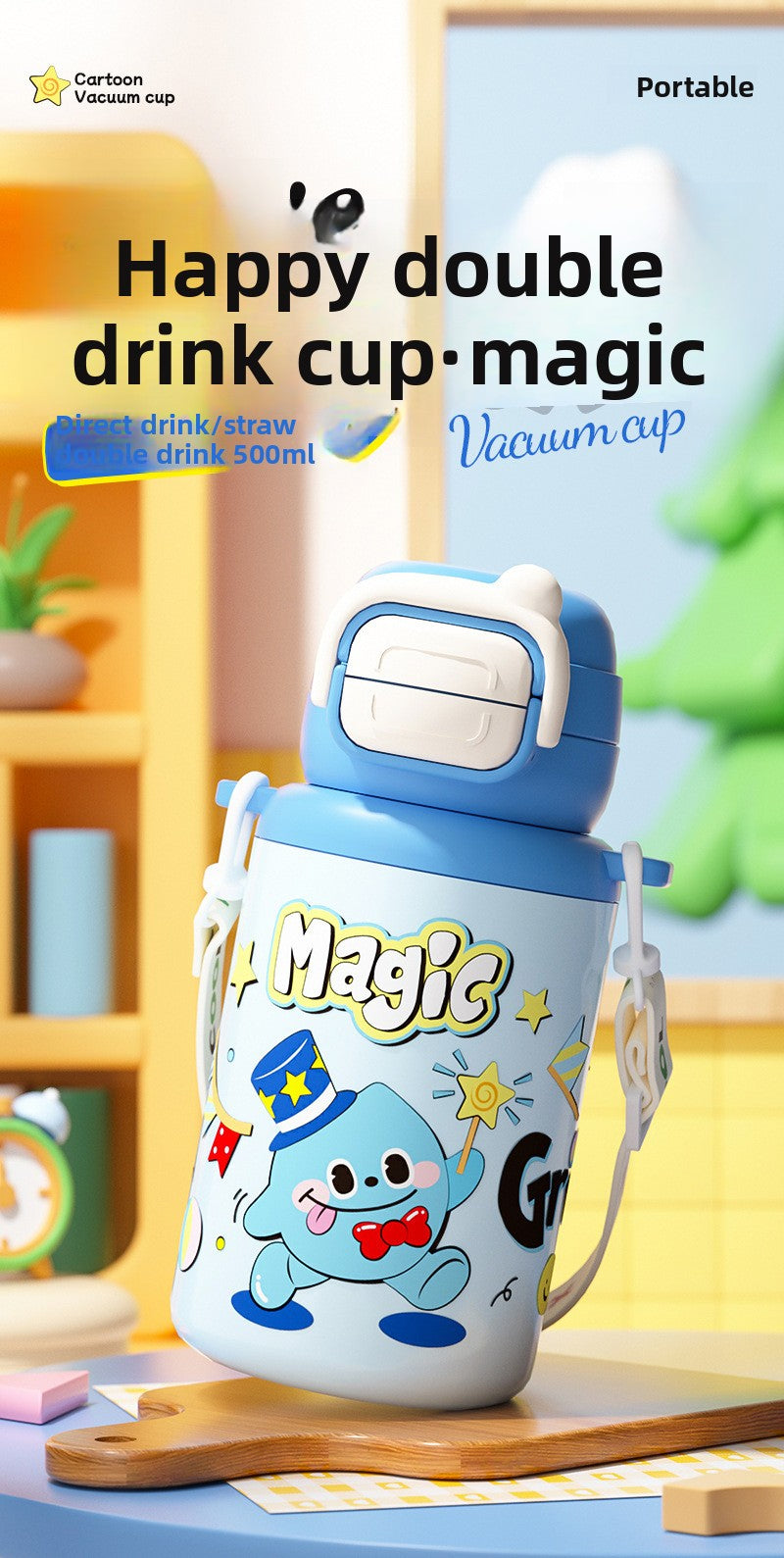 316 Stainless Steel Cartoon Pattern Children's Insulated Water Bottle with Strap and Pop-up Lid
