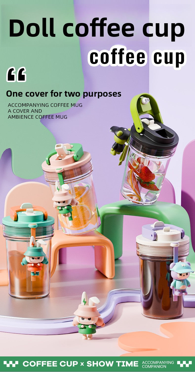 Plastic Coffee Cup Cartoon Doll Cup One-click Opening Portable Rope