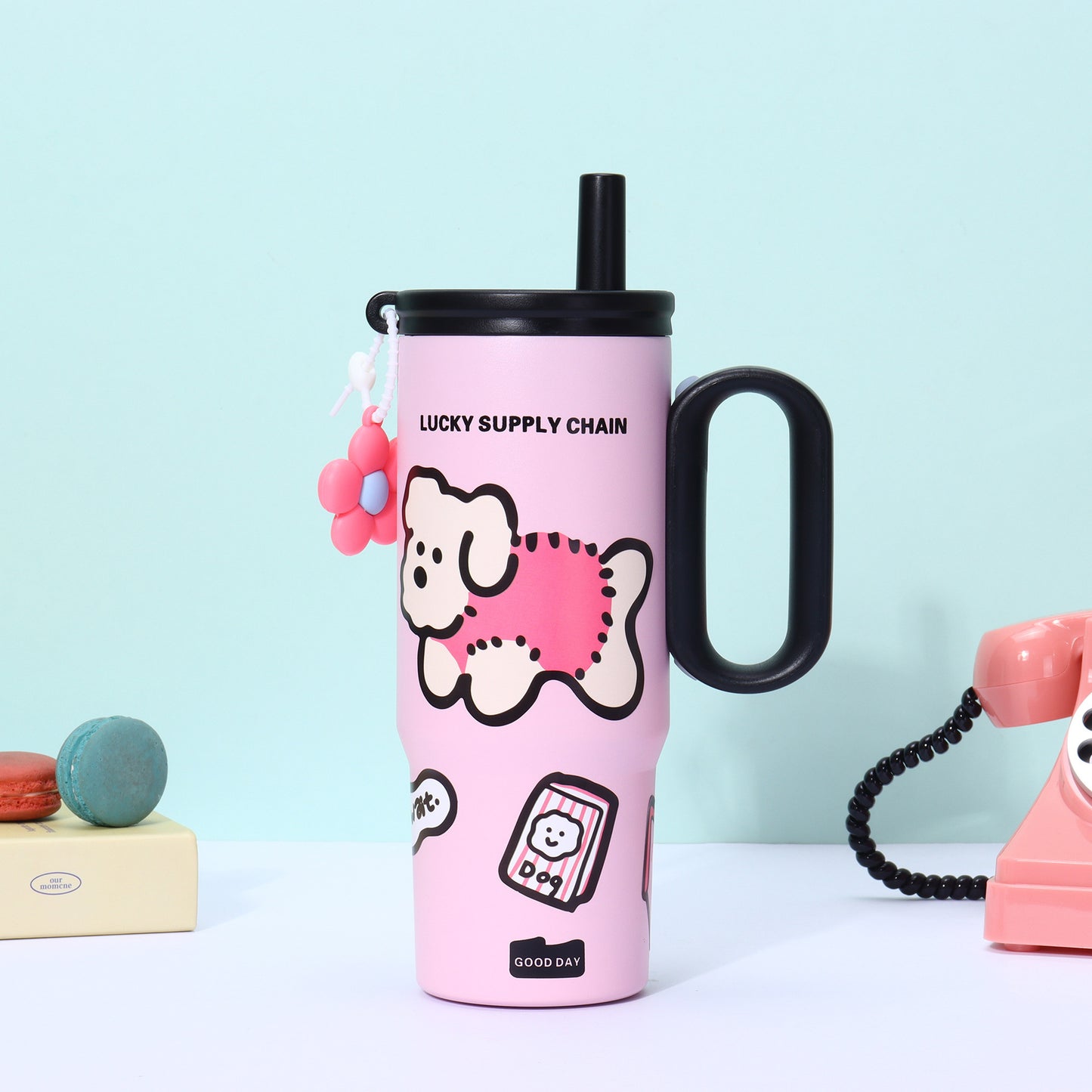 Puppy Pattern 316 Stainless Steel Large Capacity Insulated Cup with Handle and Straw