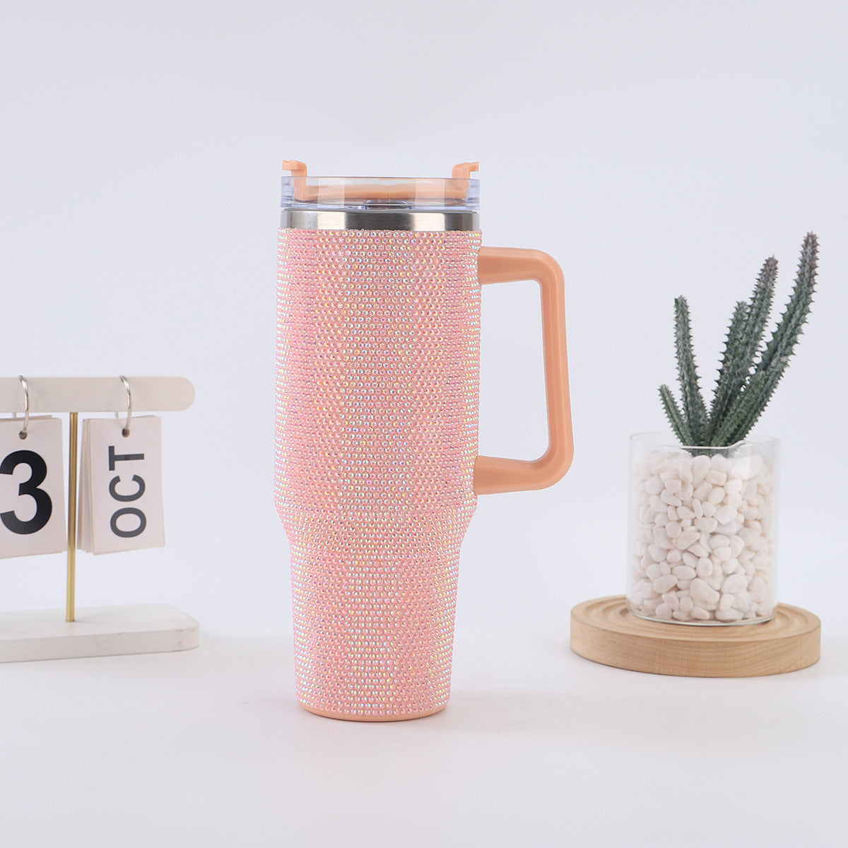 40oz Diamond-Studded Portable Insulated Cup with Handle for Car Use