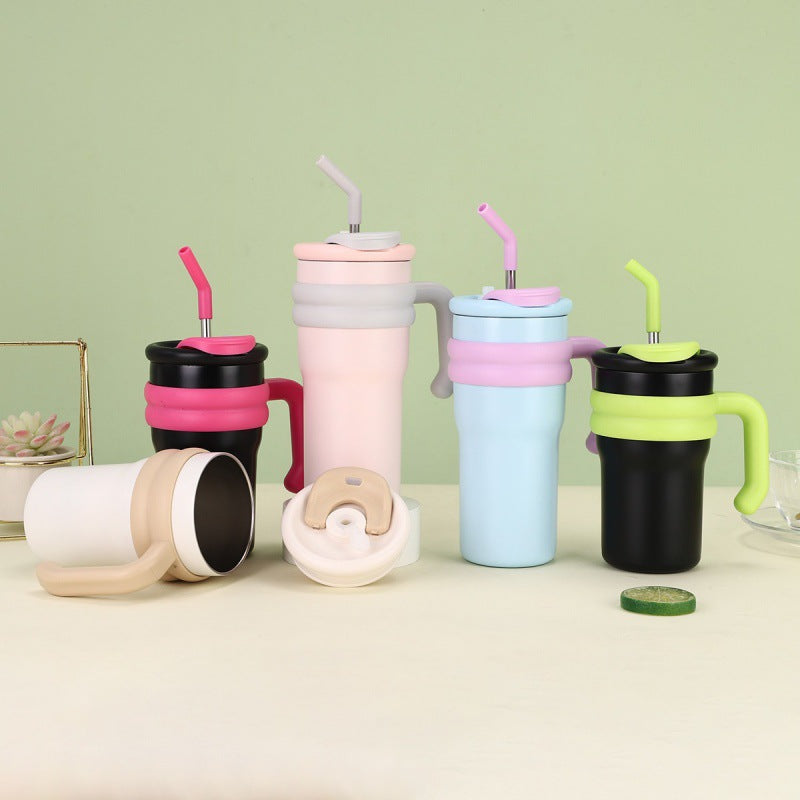 304 Stainless Steel Handle Color-Block Large Capacity Portable Insulated Straw Cup