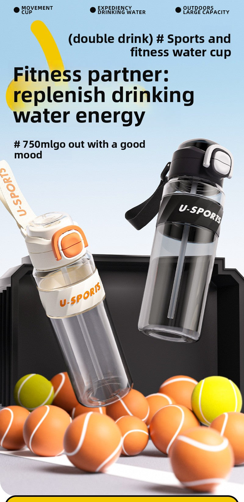 Straw Plastic Water Cup Double Drinking Outdoor Large Capacity Fitness Sports Water Bottle