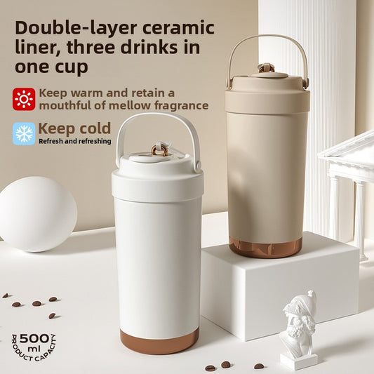 316 Stainless Steel Coffee Cup Double Drinking Straw Cup Handheld Portable