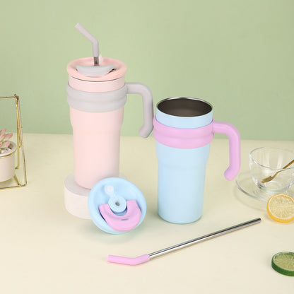 304 Stainless Steel Handle Color-Block Large Capacity Portable Insulated Straw Cup