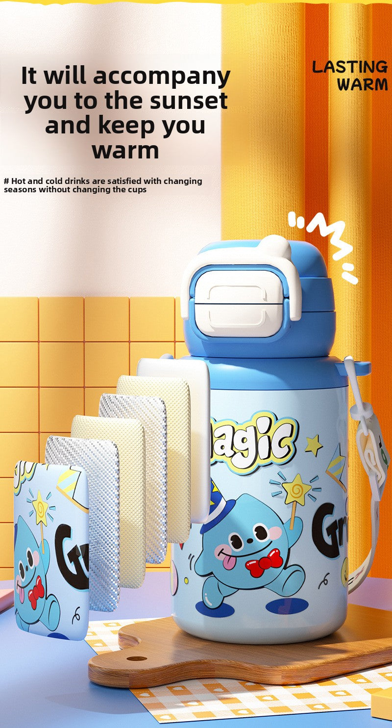 Cartoon Children's Double Drinking 316 Stainless Steel Insulated Cup Student Straw Cup Portable Strap