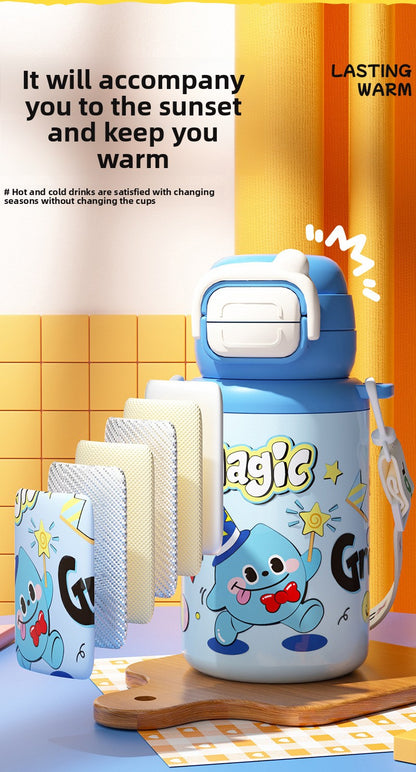 Cartoon Children's Double Drinking 316 Stainless Steel Insulated Cup Student Straw Cup Portable Strap