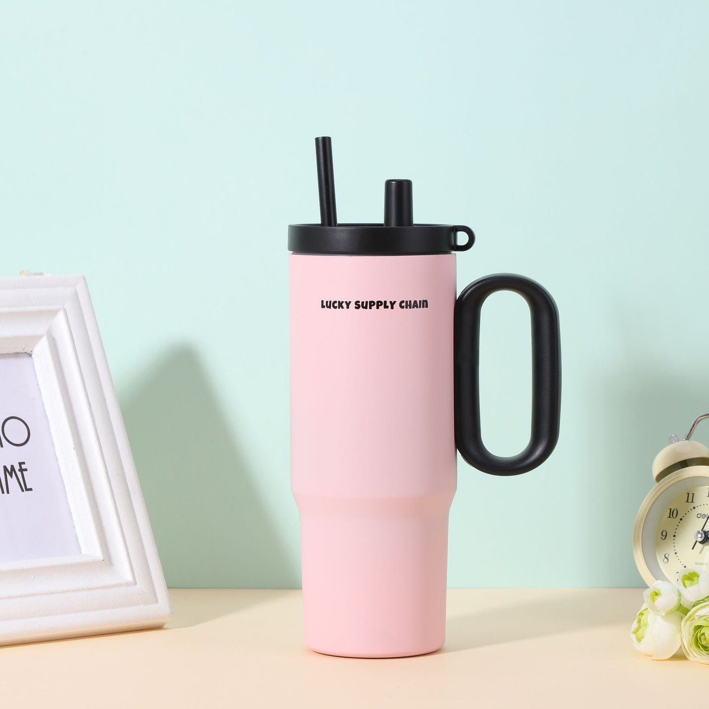 304 Stainless Steel Insulated Cup with Handle and Straw, Compatible with Car Cup Holder