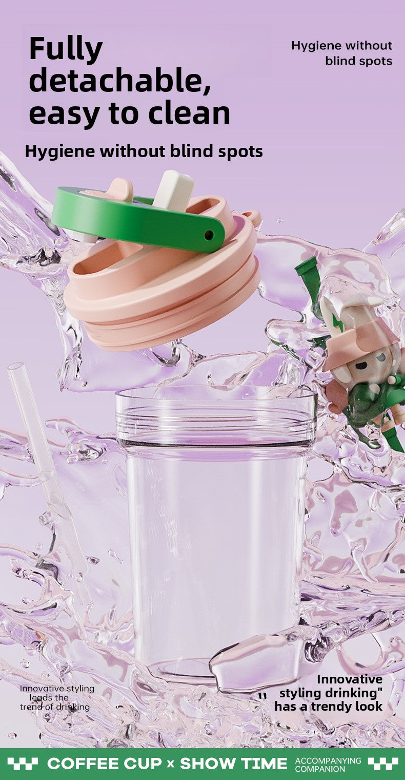 Plastic Coffee Cup Cartoon Doll Cup One-click Opening Portable Rope