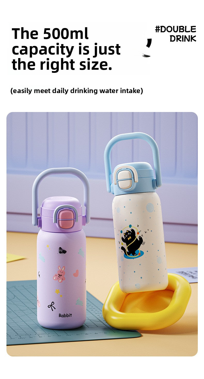 316L Cartoon Children's Insulated Cup Double Drinking Straw Cup Student Portable Water Cup