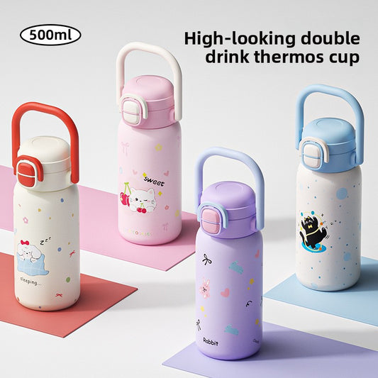 316L Cartoon Children's Insulated Cup Double Drinking Straw Cup Student Portable Water Cup