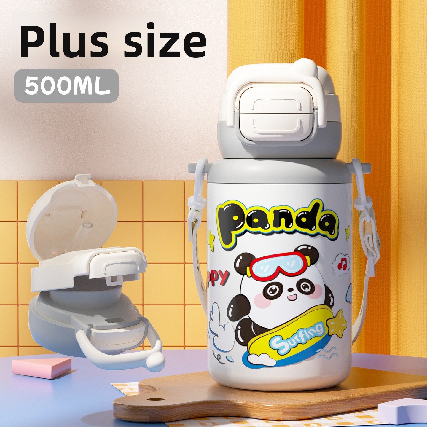 Cartoon Children's Double Drinking 316 Stainless Steel Insulated Cup Student Straw Cup Portable Strap
