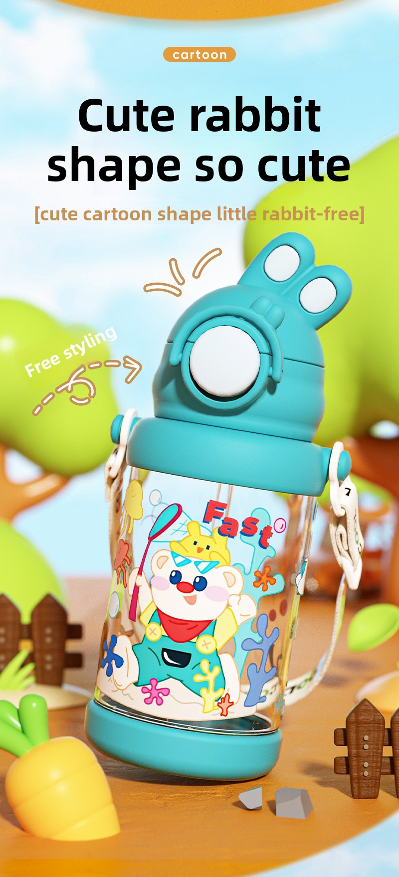 Large Capacity Bouncing Plastic Portable Rabbit Water Cup