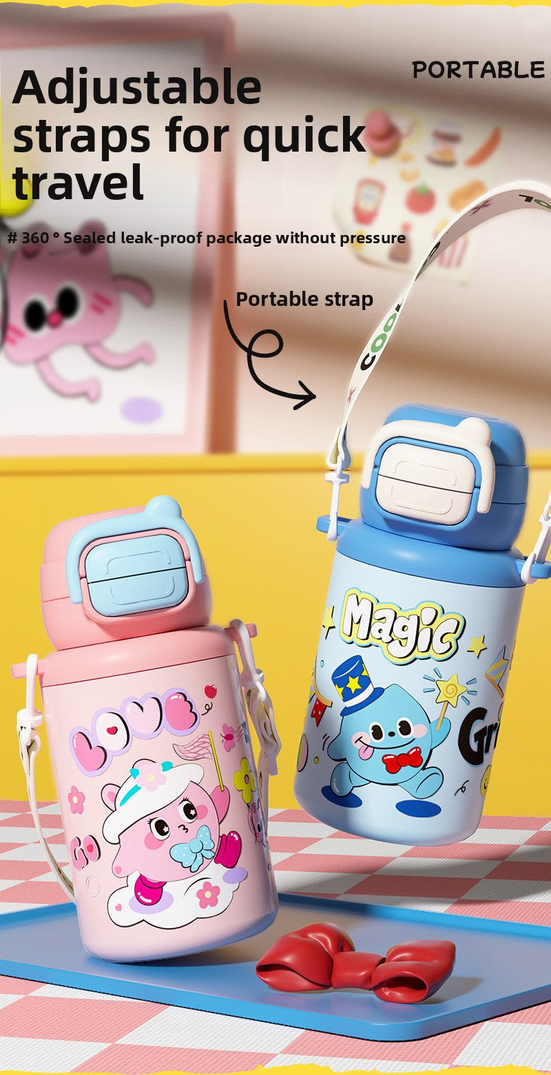 316 Stainless Steel Cartoon Pattern Children's Insulated Water Bottle with Strap and Pop-up Lid