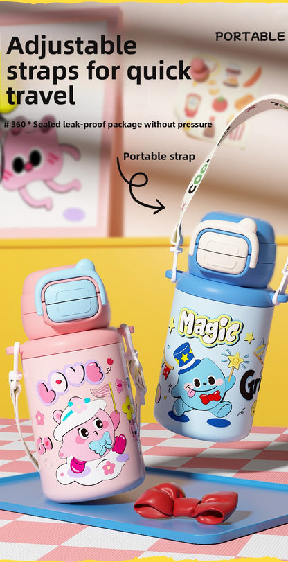 316 Stainless Steel Cartoon Pattern Children's Insulated Water Bottle with Strap and Pop-up Lid