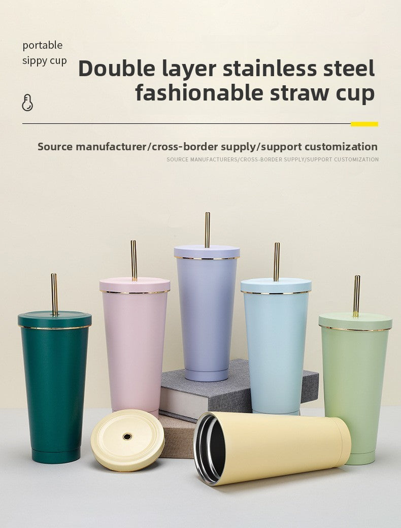 304 stainless steel gold-rimmed lid straw cup large capacity portable cup fashion gift coffee cup