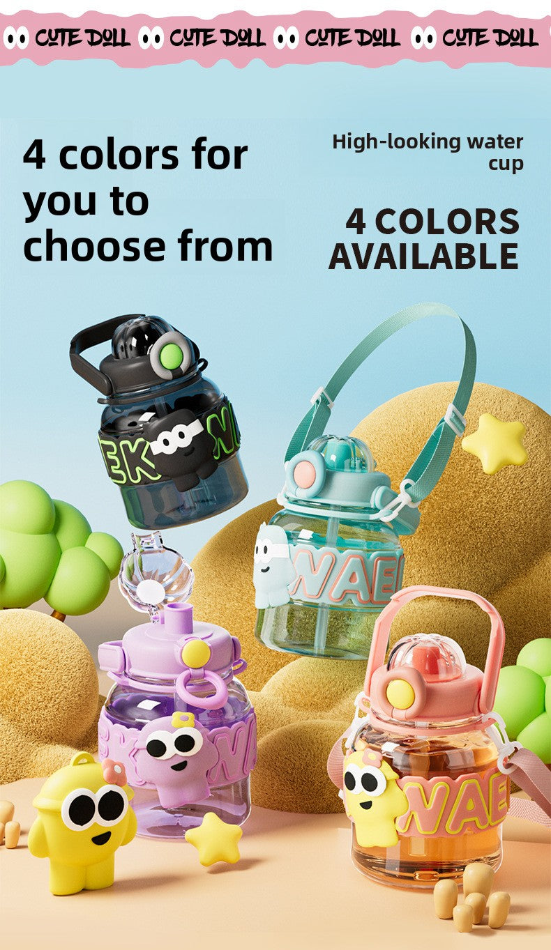 Cartoon Plastic Water Cup One-Click Open Lid Straw Outdoor Portable