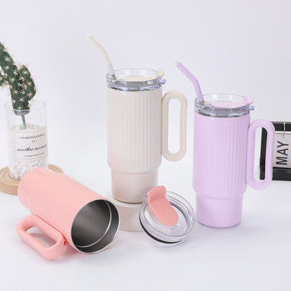 Striped 40oz Large Capacity Straw Cup 304 Stainless Steel Handle Portable