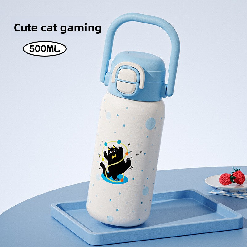 316L Cartoon Children's Insulated Cup Double Drinking Straw Cup Student Portable Water Cup