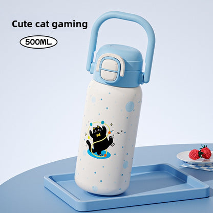 316L Cartoon Children's Insulated Cup Double Drinking Straw Cup Student Portable Water Cup
