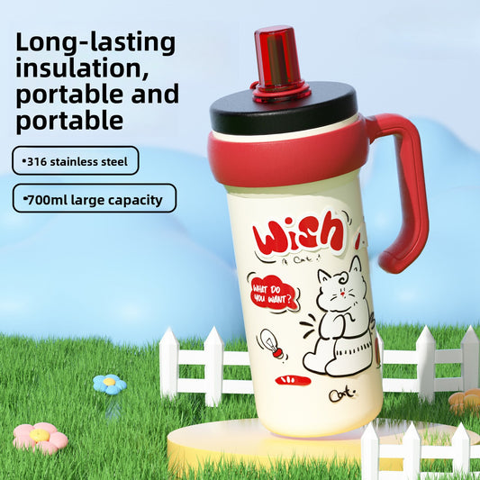 316L Stainless Steel Insulated Cup Cartoon Handle Straw Cup