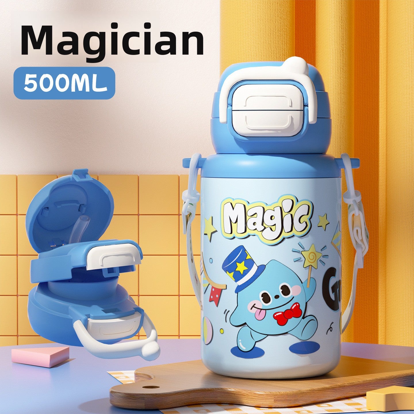 316 Stainless Steel Cartoon Pattern Children's Insulated Water Bottle with Strap and Pop-up Lid