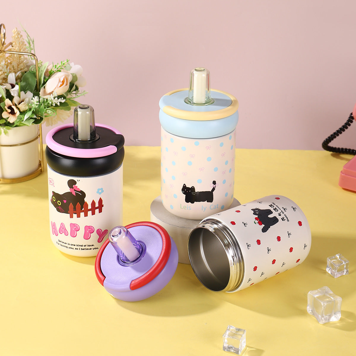 316 Stainless Steel Cute Kitten Straw Insulated Cup