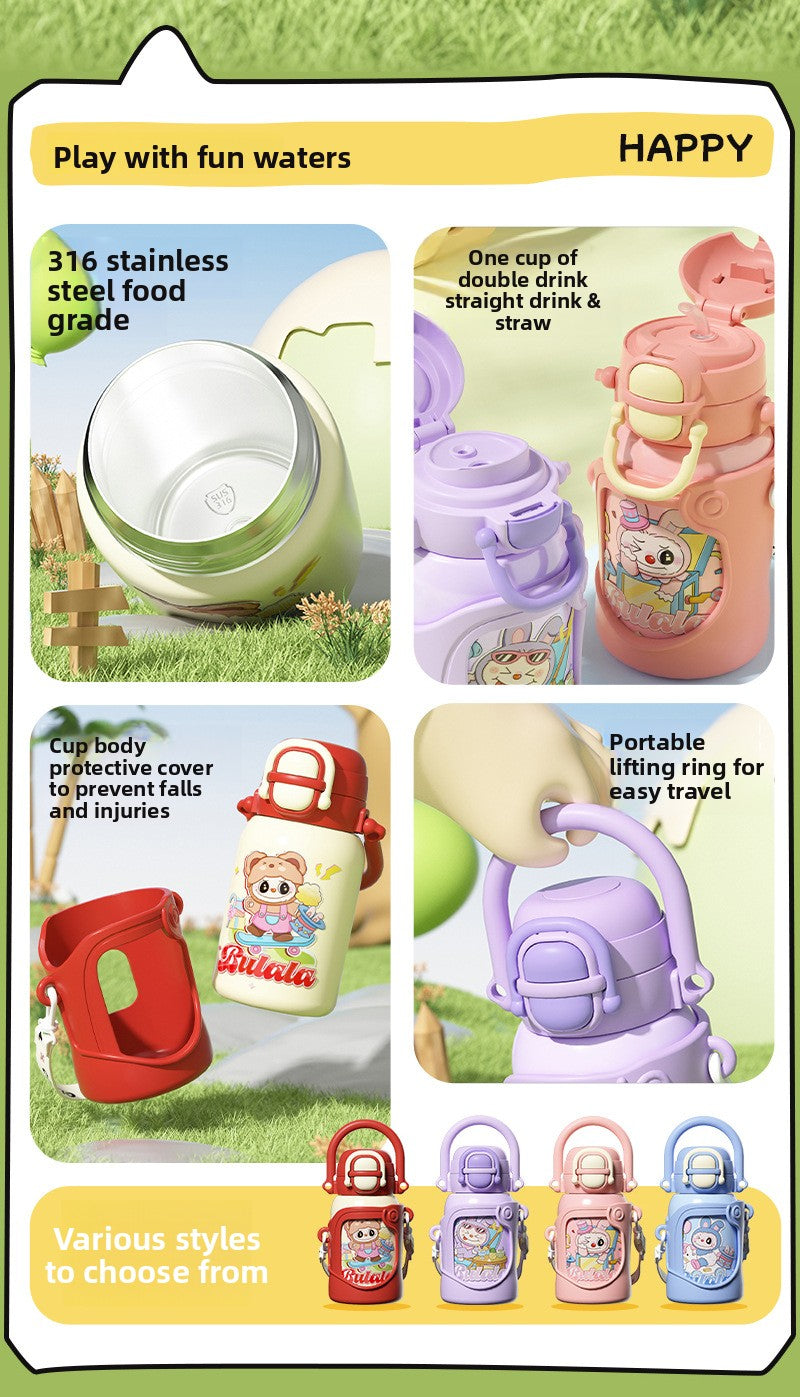 316 Stainless Steel Insulated Cup Children's Fun Straw Cup Children's Water Bottle with Cup Sleeve